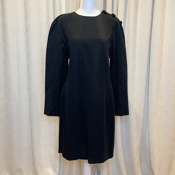 Vintage 90s PJ Klein Black Minimalist Dress w/ 3 Black Cord Rosettes on Shoulder - Picture 1 of 8